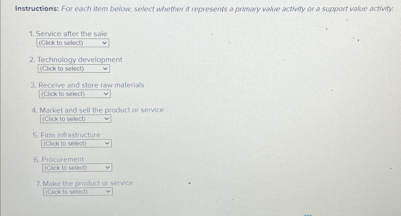  Instructions: For each item below, select whether it represents a primary