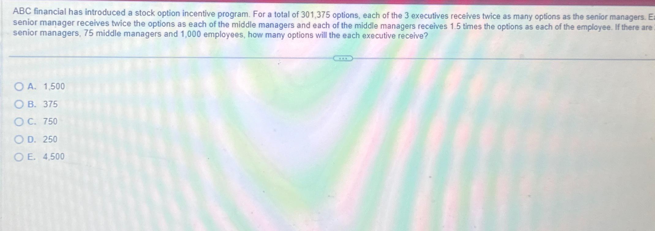  ABC financial has introduced a stock option incentive program. For a