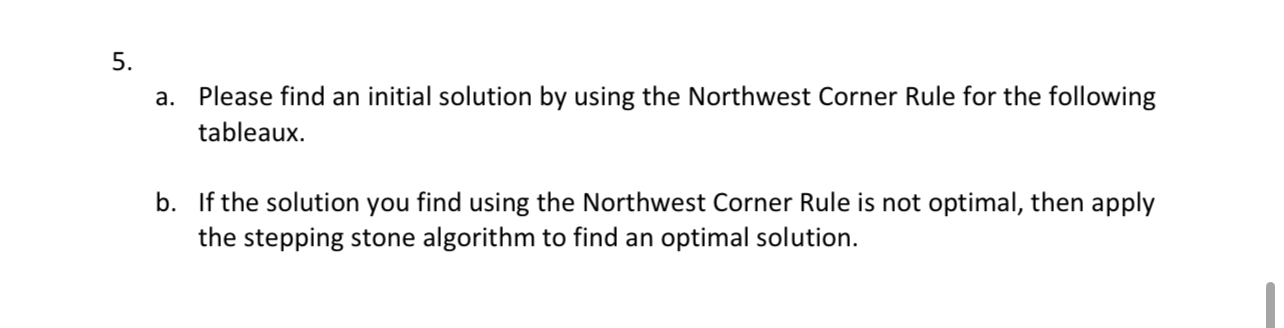  a. Please find an initial solution by using the Northwest Corner