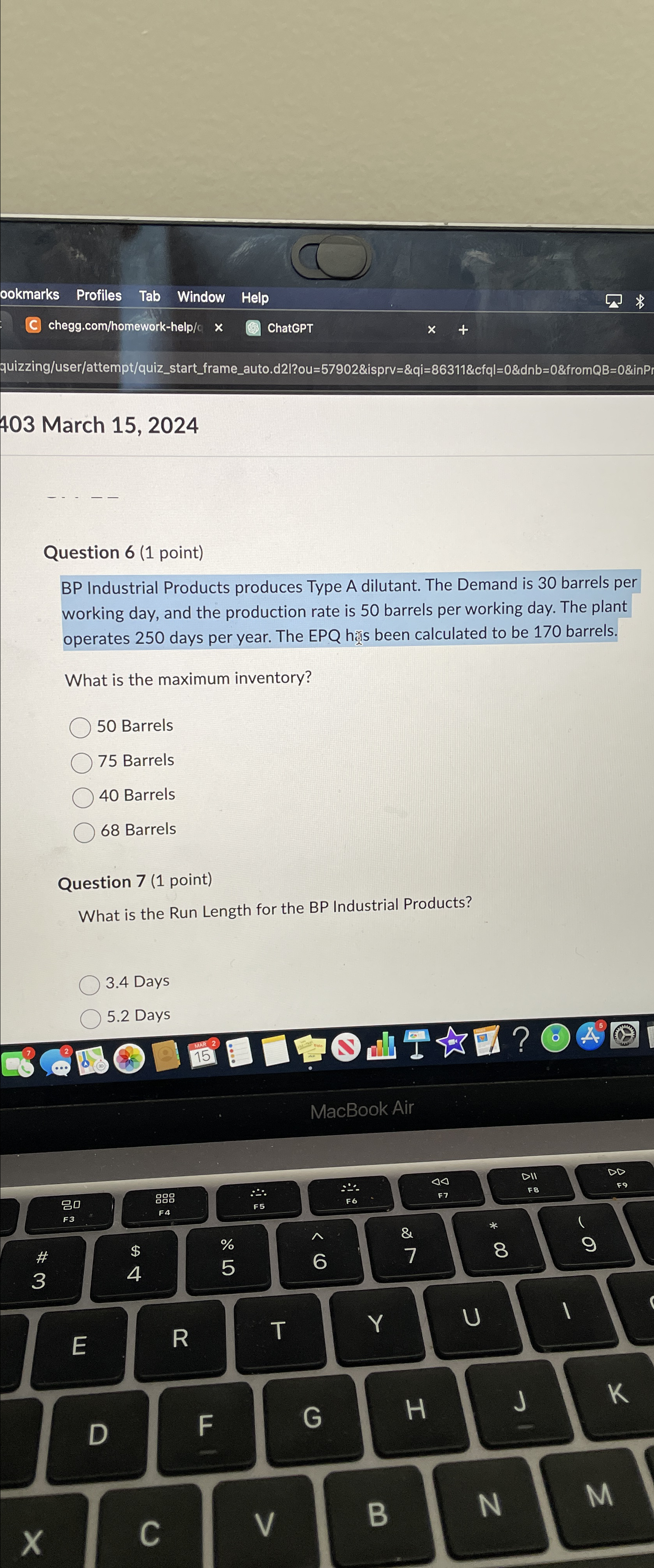  403 March 15,2024 Question 6(1 point) BP Industrial Products produces Type