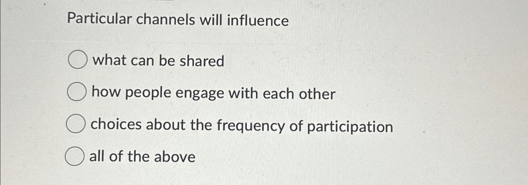  Particular channels will influence what can be shared how people engage