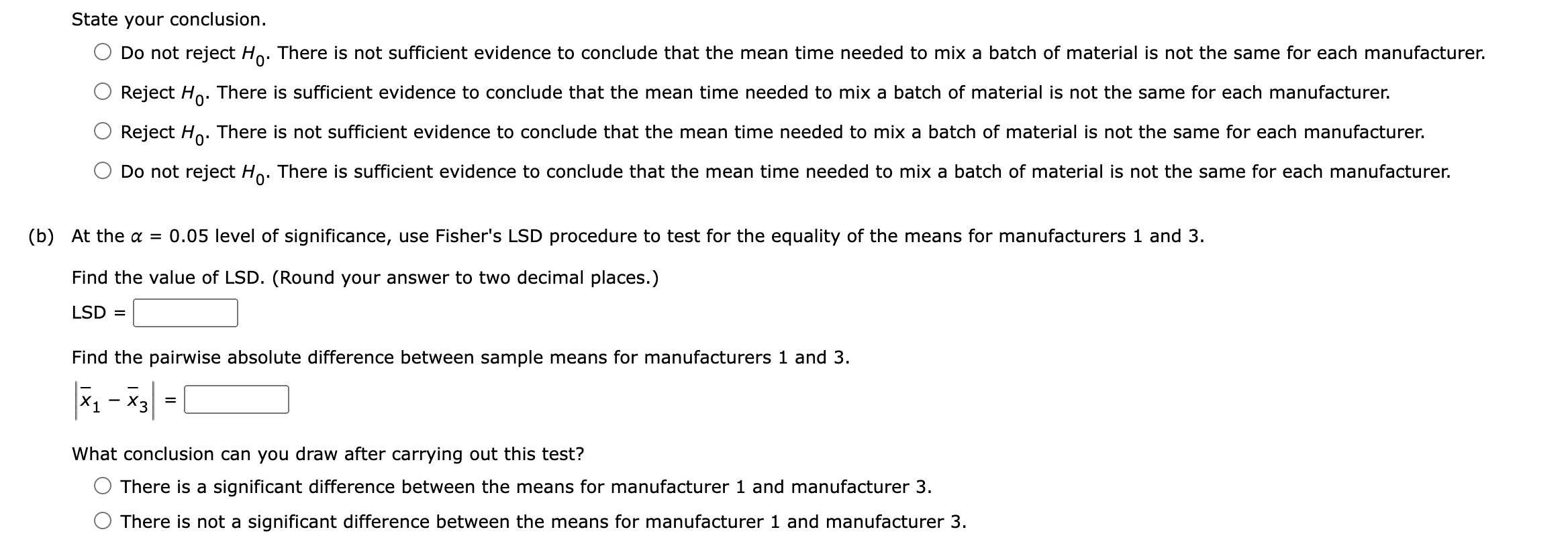 whether the population mean times for mixing a batch of material differ