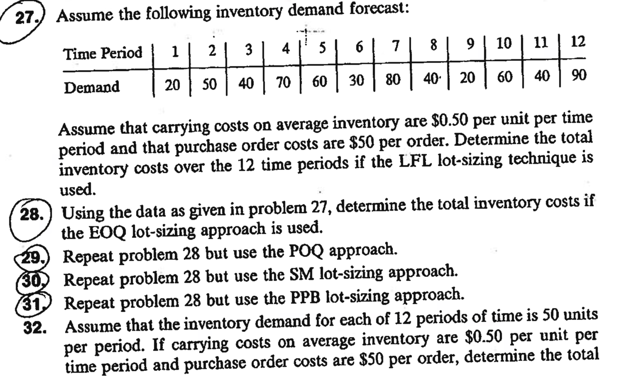  Solve for #30!!! Assume the following inventory demand forecast: \table[[Time Period,1,2,3,4,5,6,7,8,9,10,11,12],[Demand,20,50,40,70,60,30,80,40,20,60,40,90]]