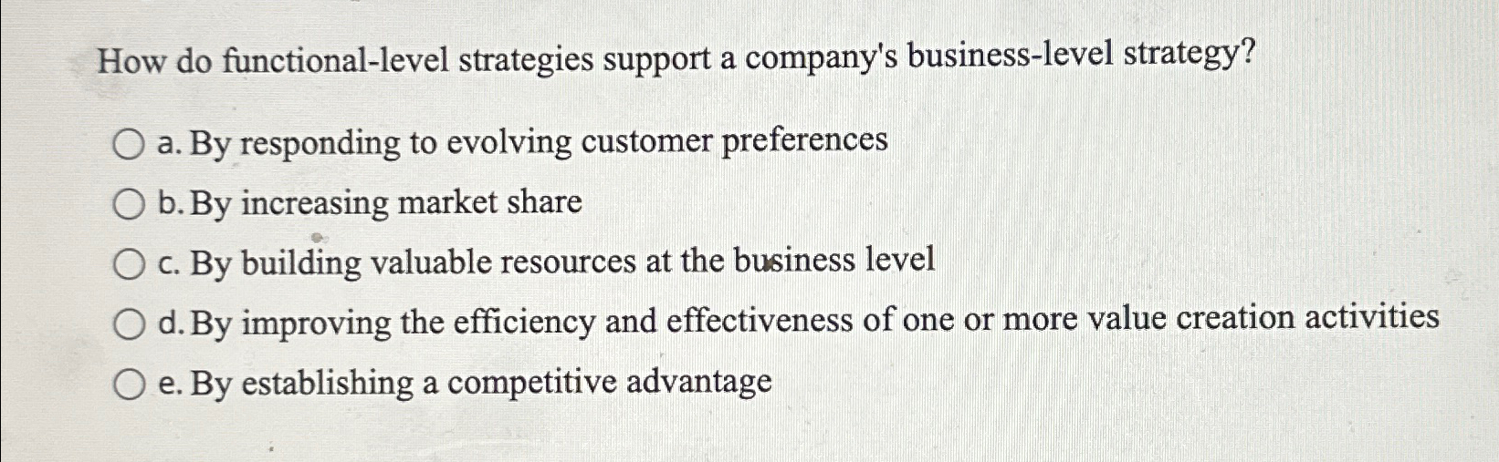  How do functional-level strategies support a company's business-level strategy? a. By