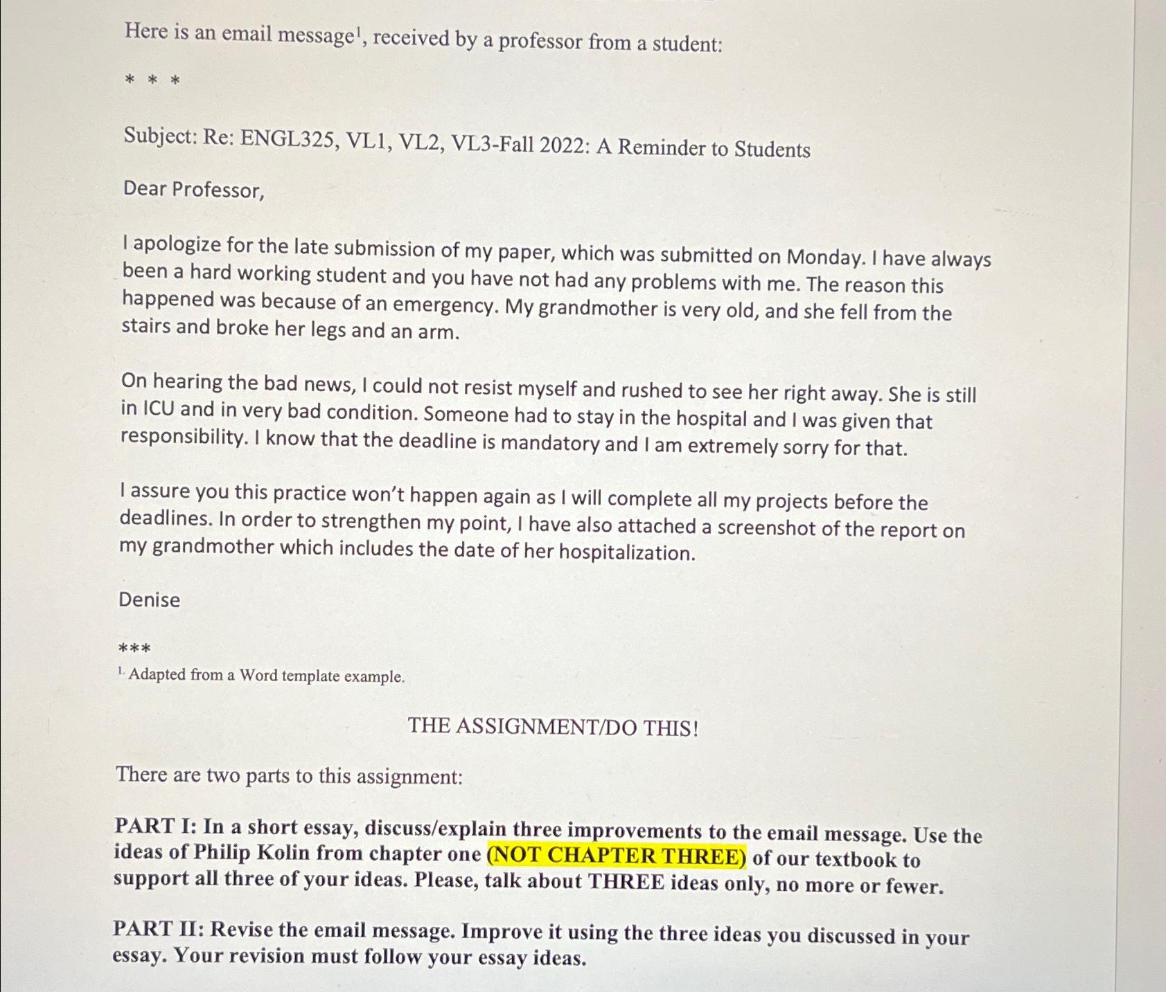  Here is an email message ?1, received by a professor from