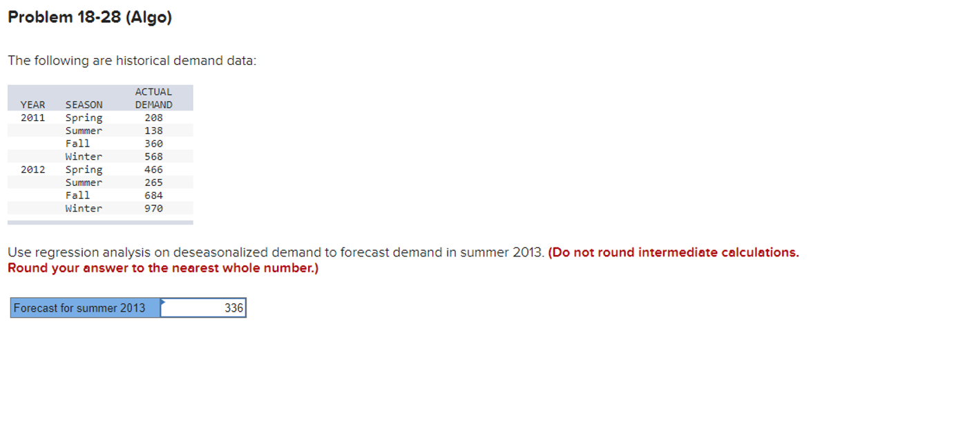  Problem 18-28(Algo) The following are historical demand data: Use regression analysis