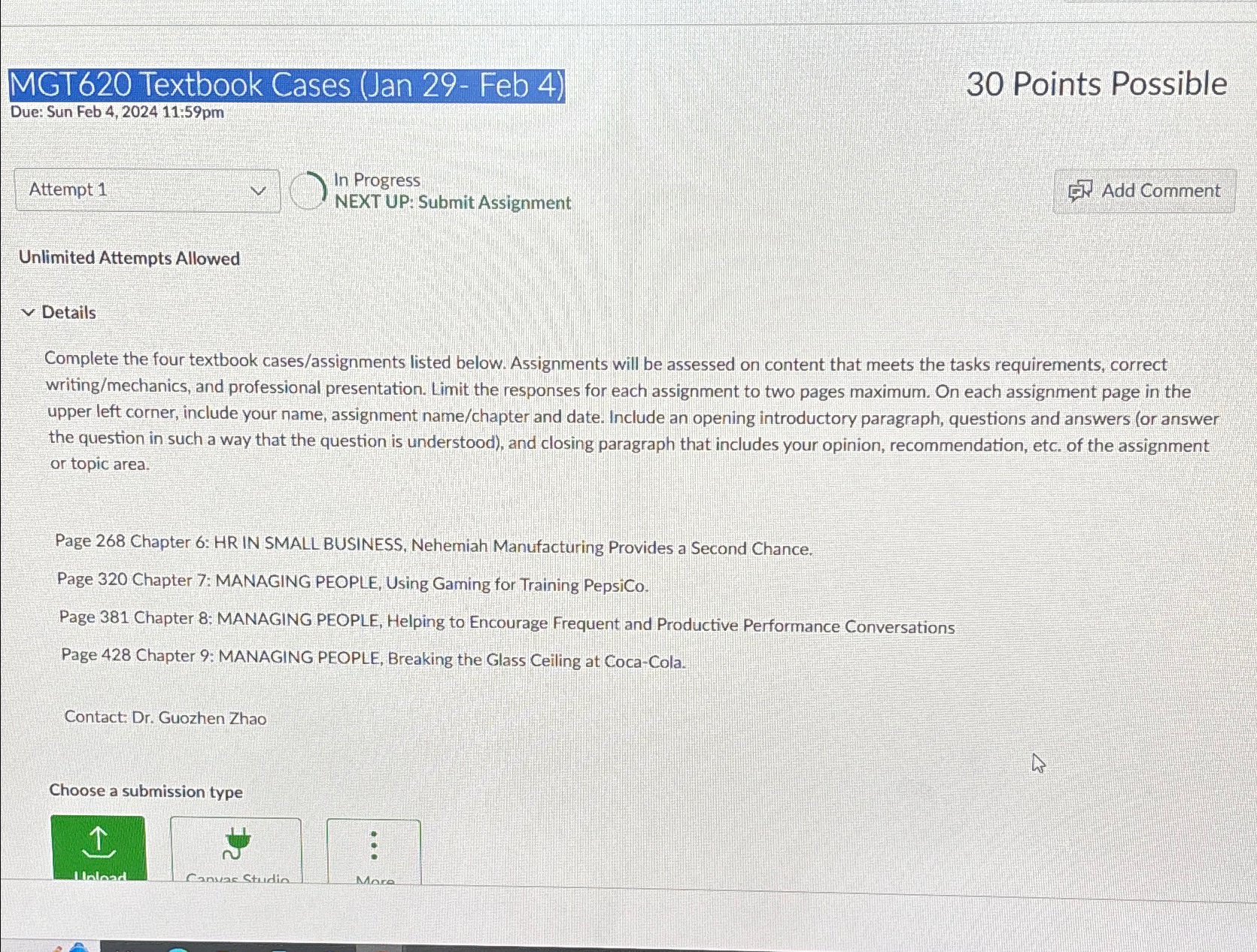  MGT620 Textbook Cases (Jan 29- Feb 4) 30 Points Possible Due: