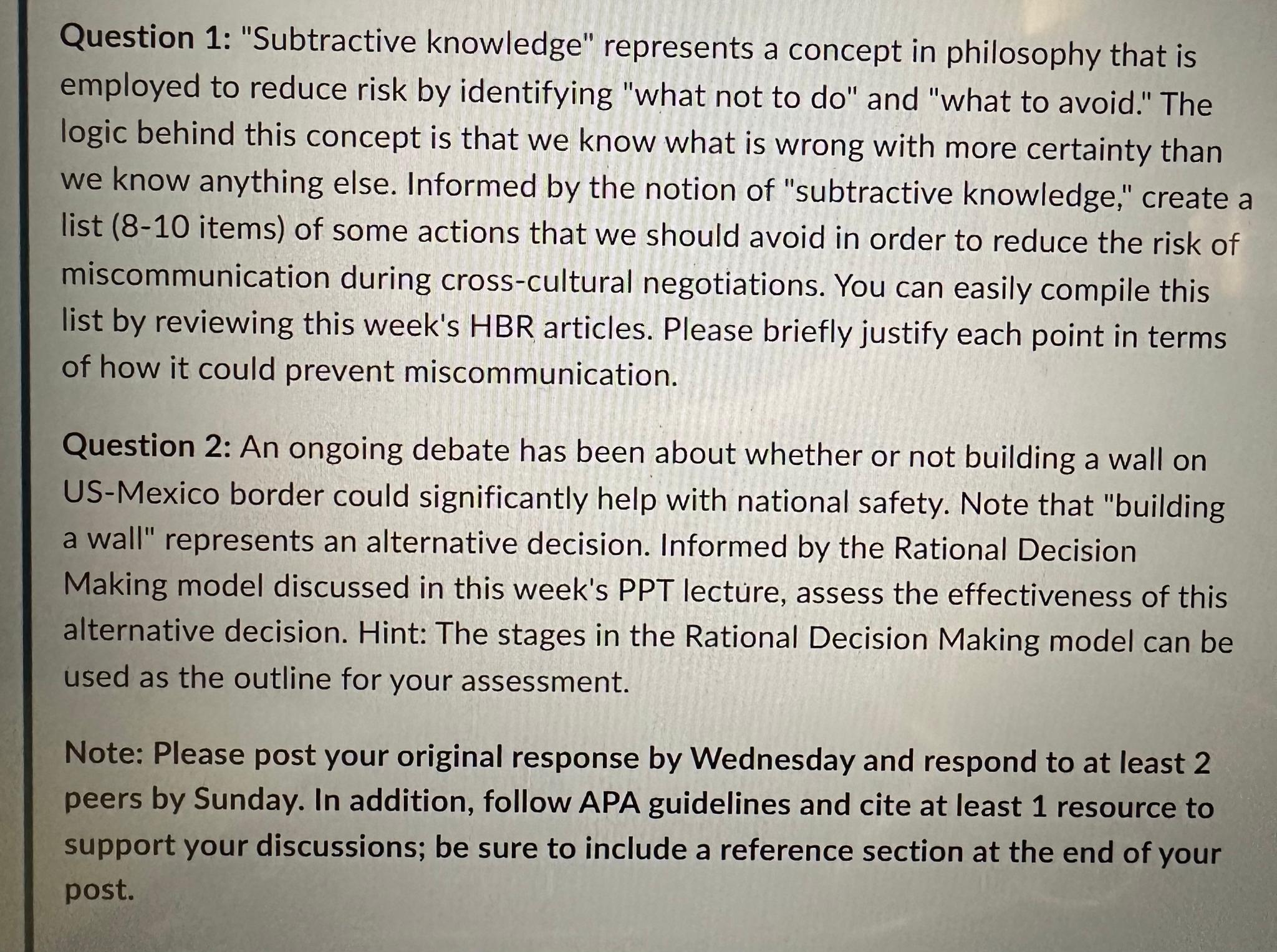  Question 1: "Subtractive knowledge" represents a concept in philosophy that is