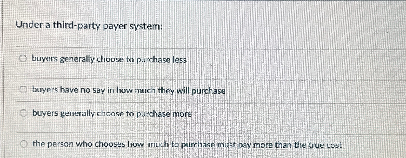  Under a third-party payer system: buyers generally choose to purchase less