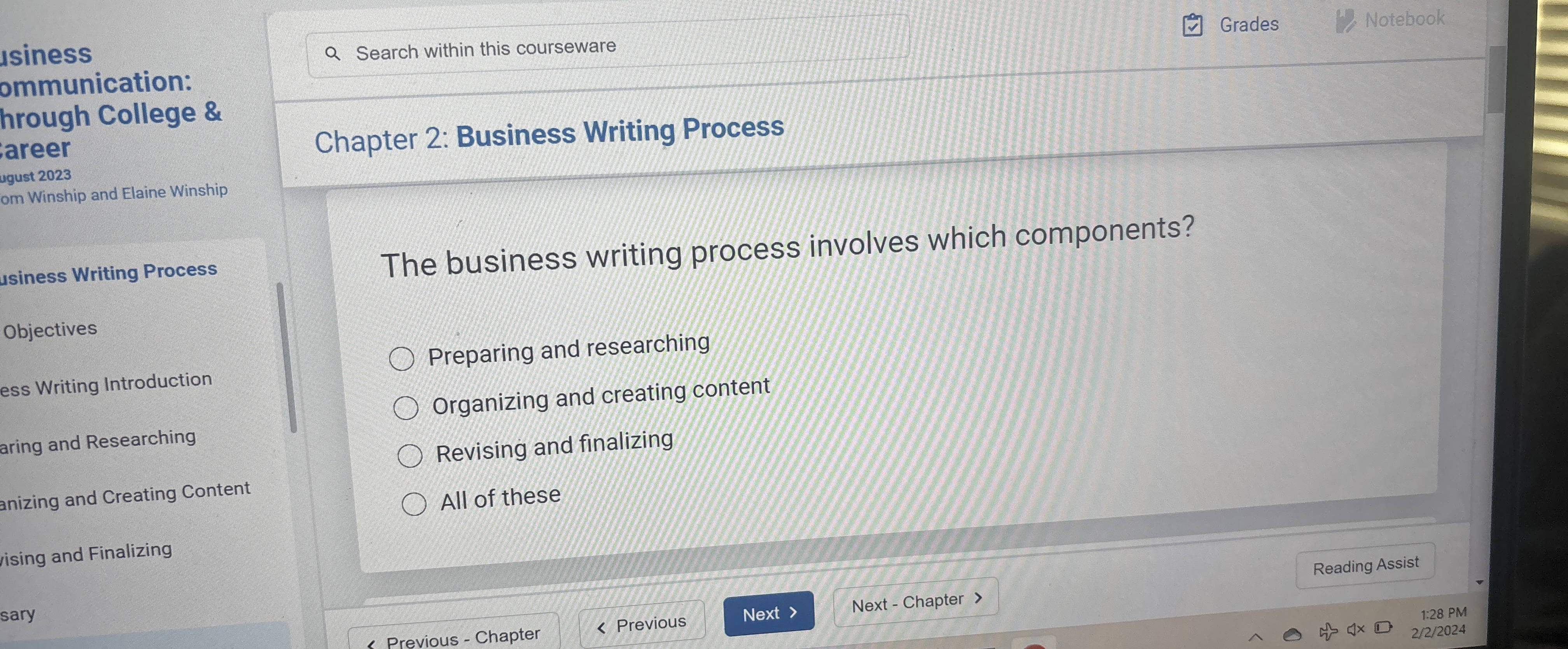  Q. Search within this courseware Grades Notebook usiness ommunication: hrough College