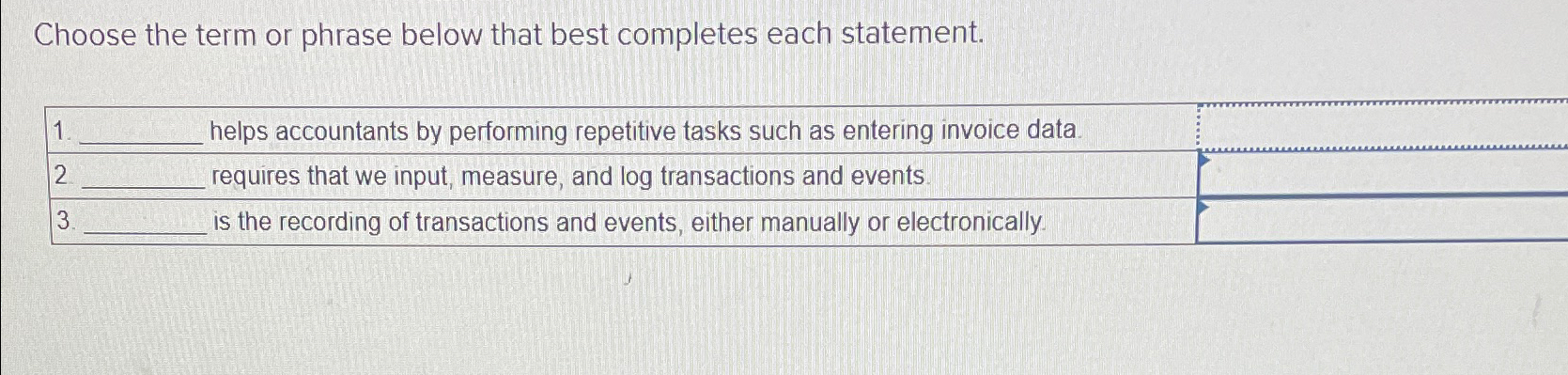  Choose the term or phrase below that best completes each statement.