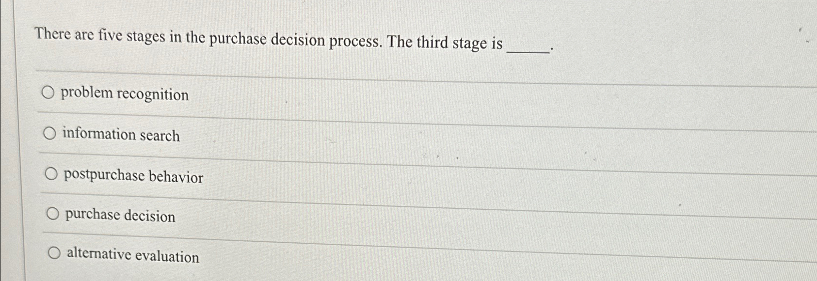  There are five stages in the purchase decision process. The third