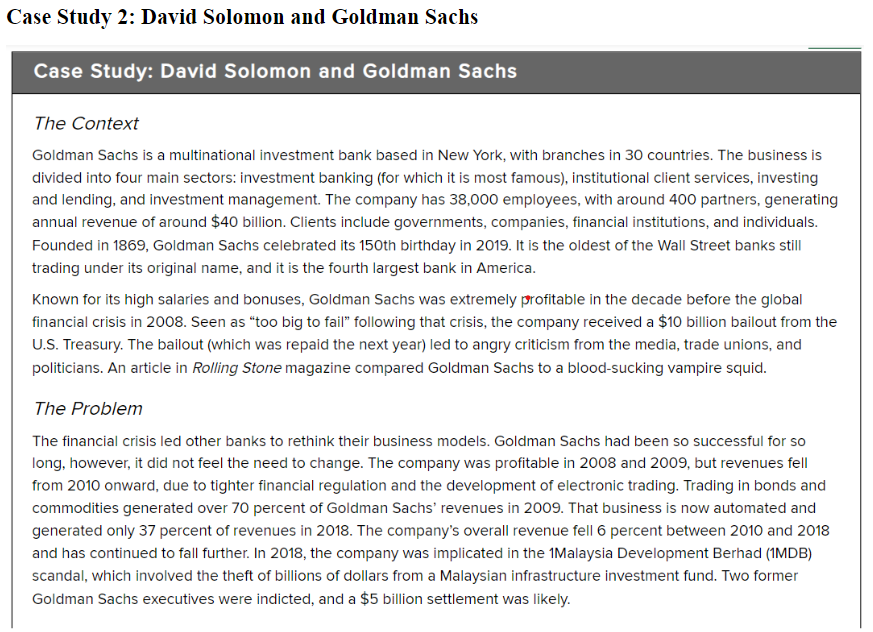 Case Study: David Solomon & Goldman Sachs (Palmer, 2022) Instructions: 1. Read