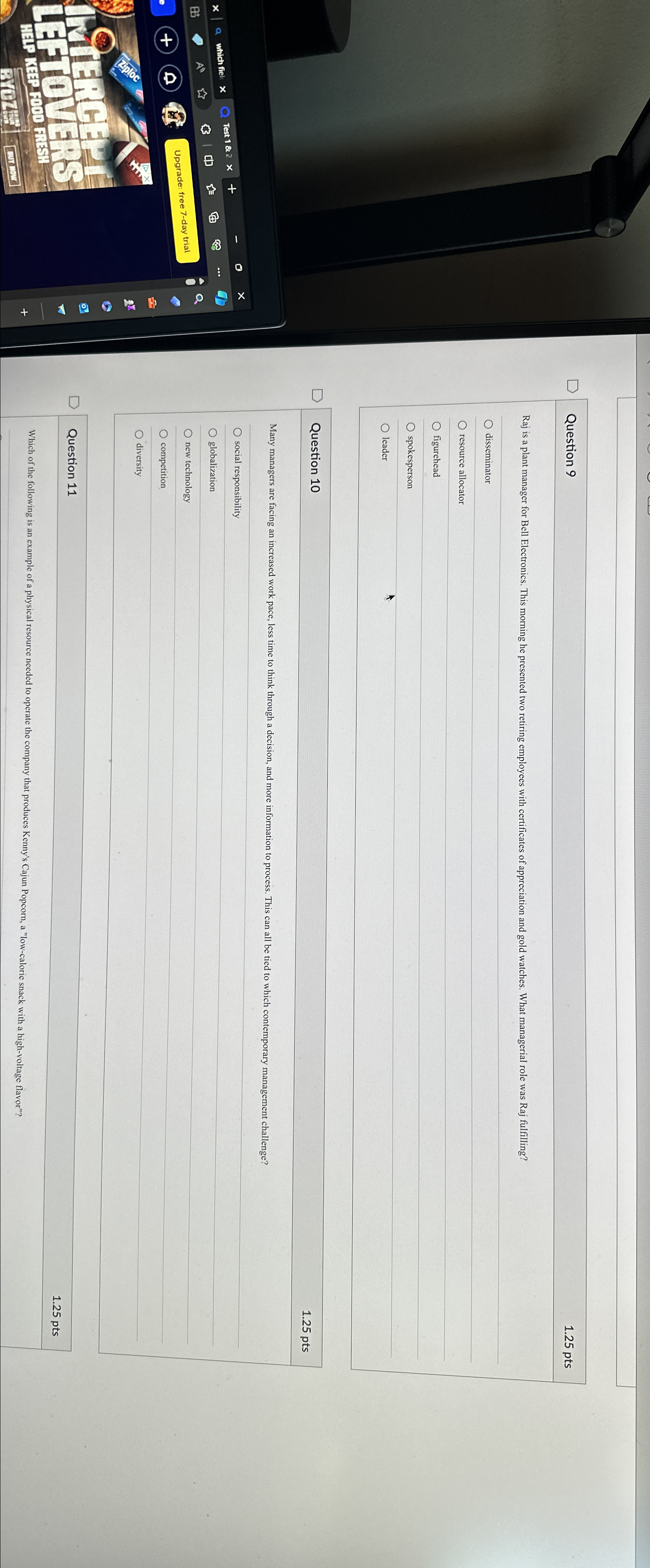 Question 9 1.25 pts Raj is a plant manager for Bell