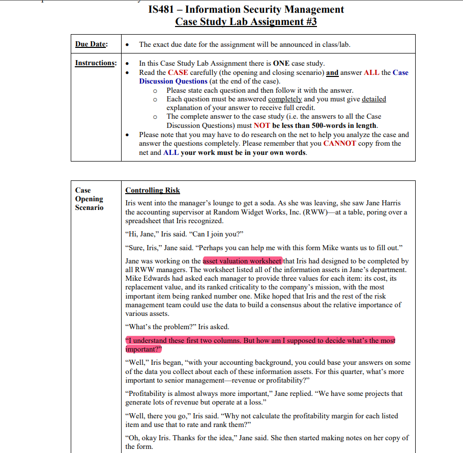 Please solve this assignment!! IS481 - Information Security Management Case Study Lab