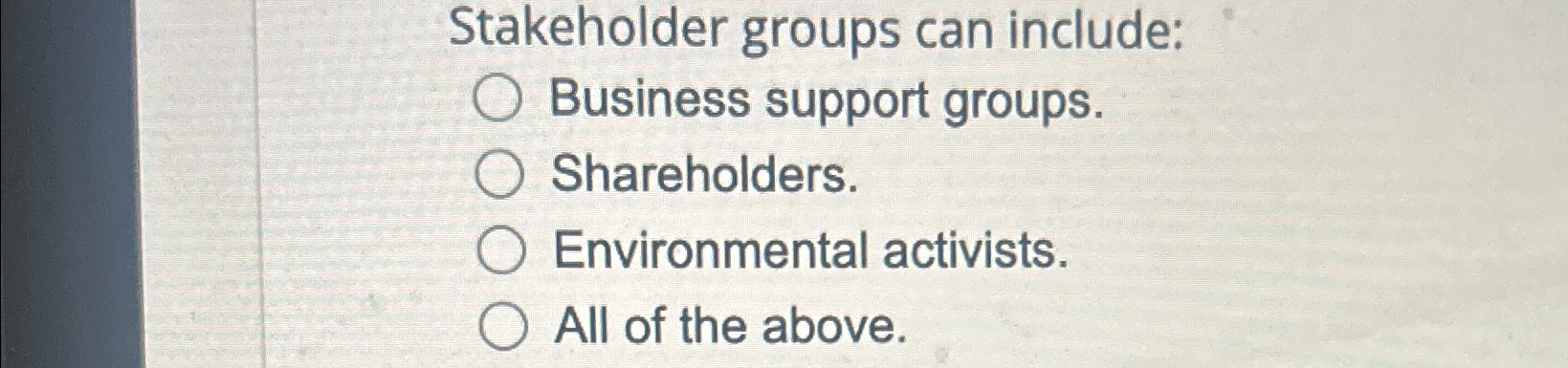  Stakeholder groups can include: Business support groups. Shareholders. Environmental activists. All