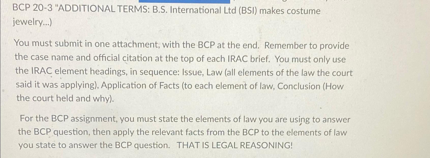  BCP 20-3 "ADDITIONAL TERMS: B.S. International Ltd (BSI) makes costume jewelry...)