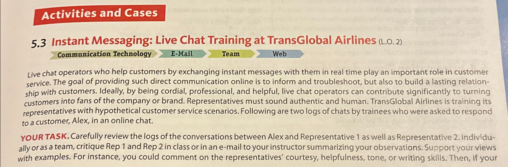  Activities and Cases 5.3 Instant Messaging: Live Chat Training at TransGlobal