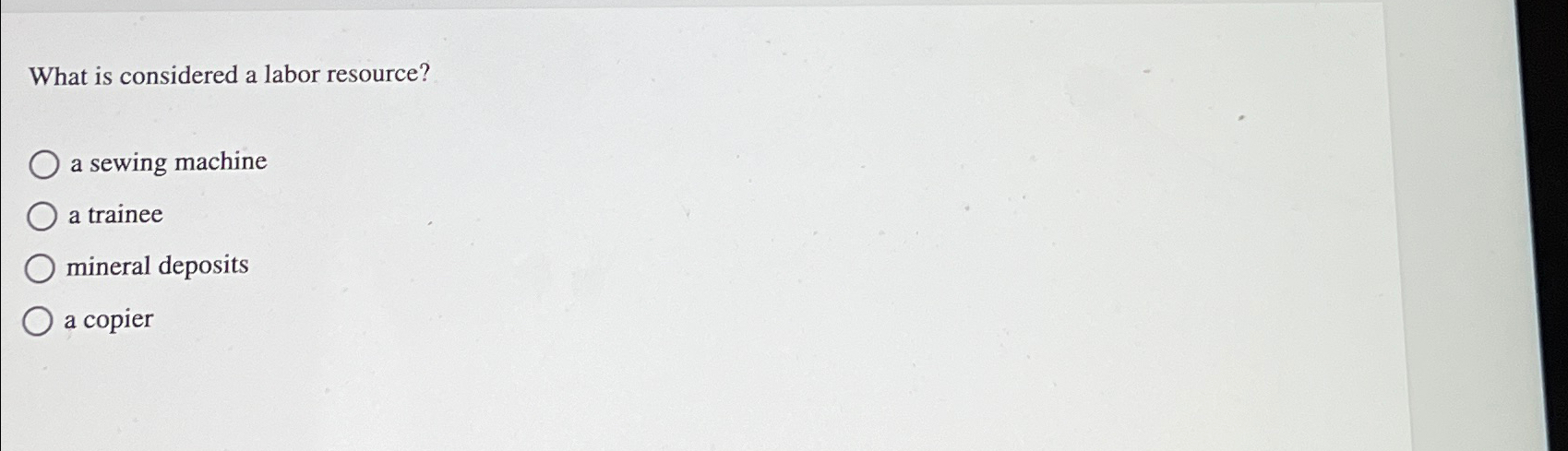  What is considered a labor resource? a sewing machine a trainee