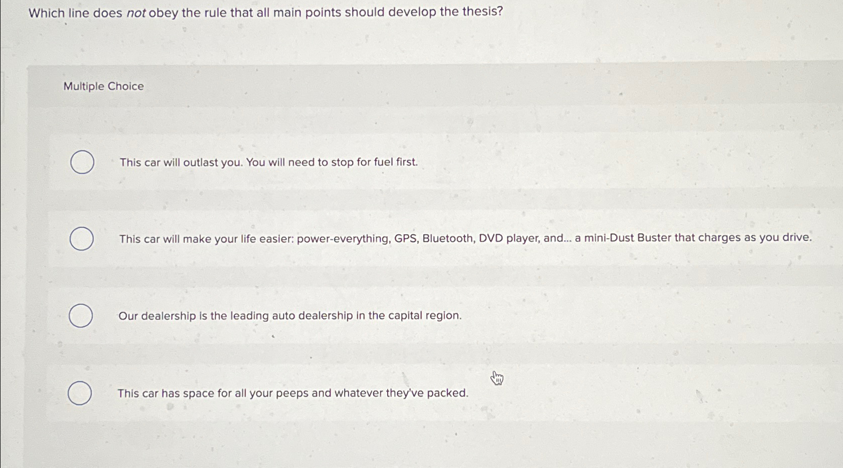  Which line does not obey the rule that all main points