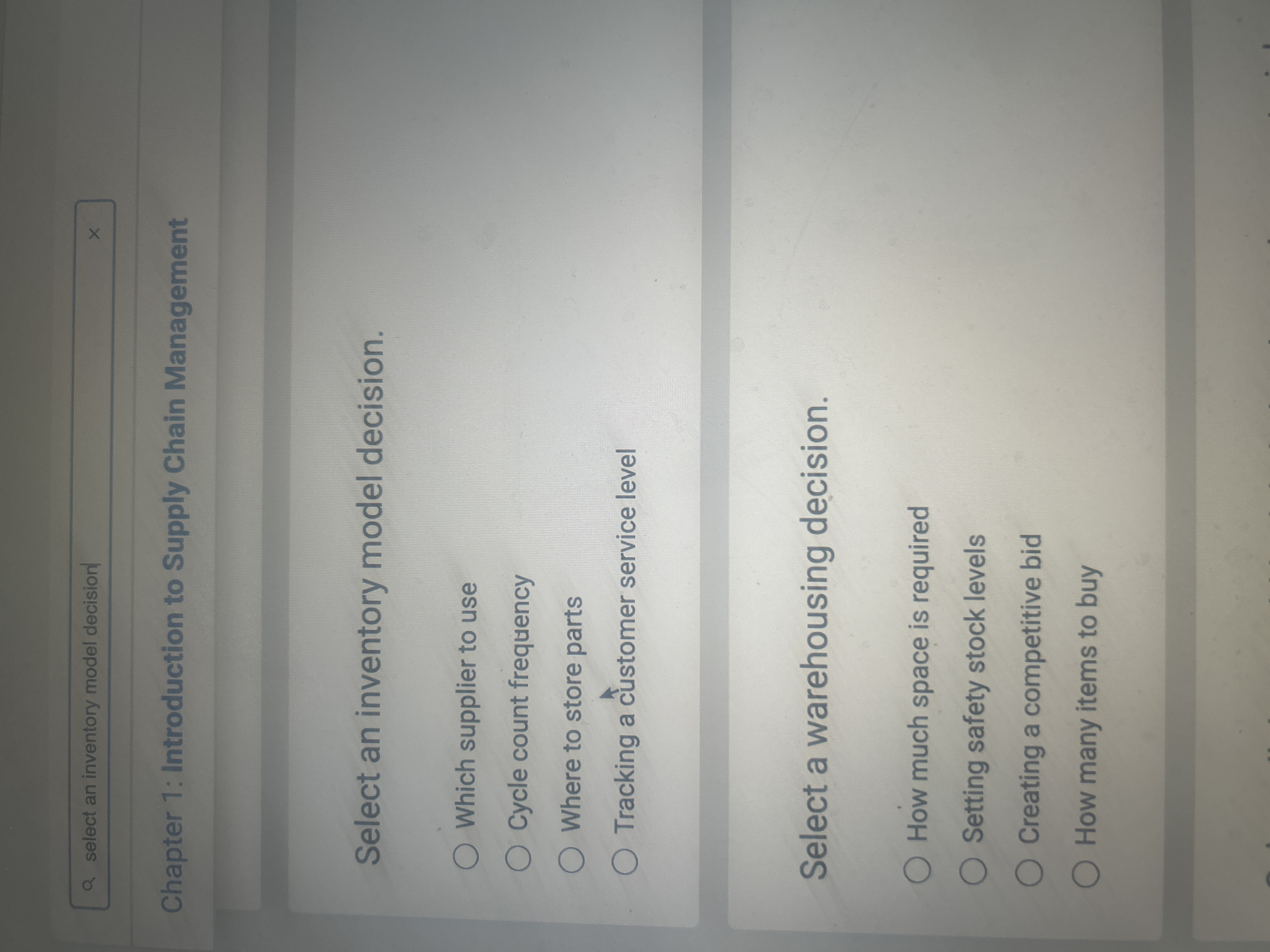  Select an inventory model decision. Which supplier to use Cycle count