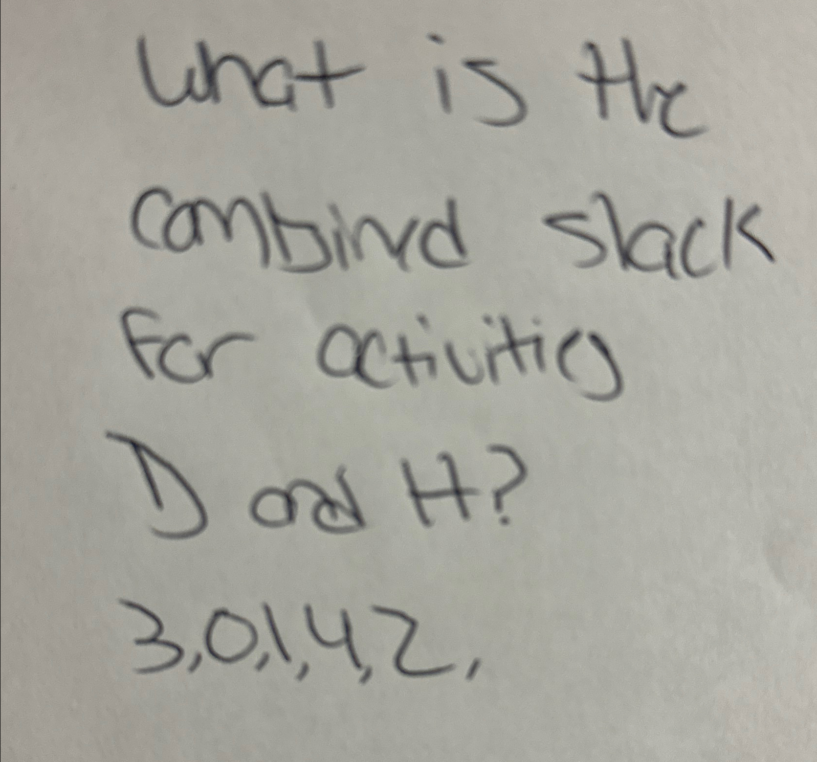  What is the combind slack for activities D and H?3,0,1,4,2 