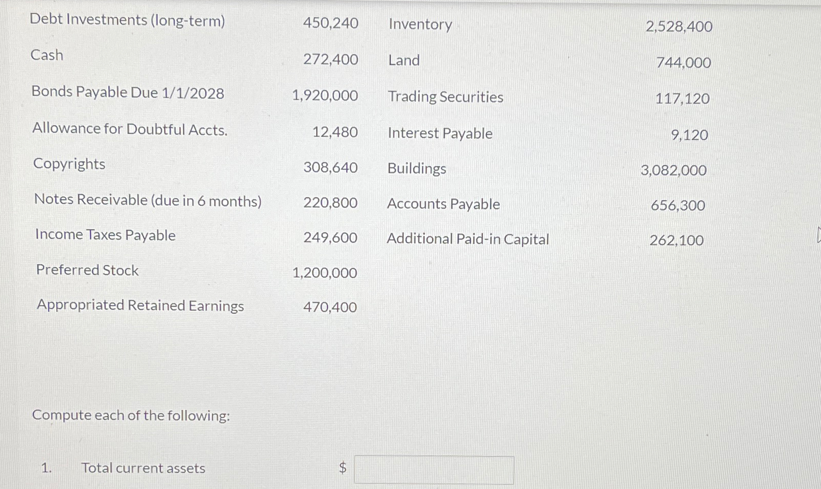  \table[[Debt Investments (long-term),450,240,Inventory,2,528,400 