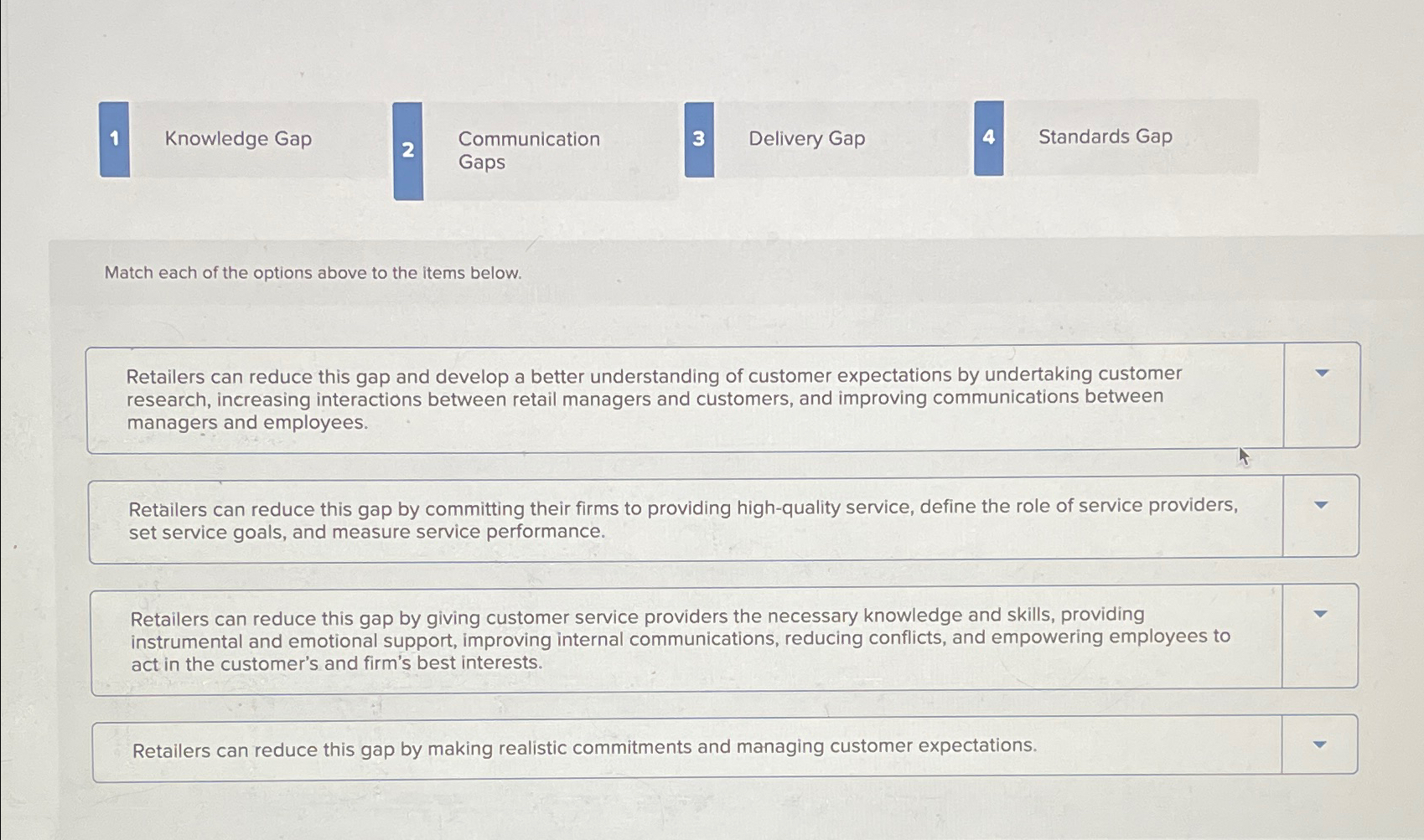  1 Knowledge Gap 2 Communication 3 Delivery Gap Match each of