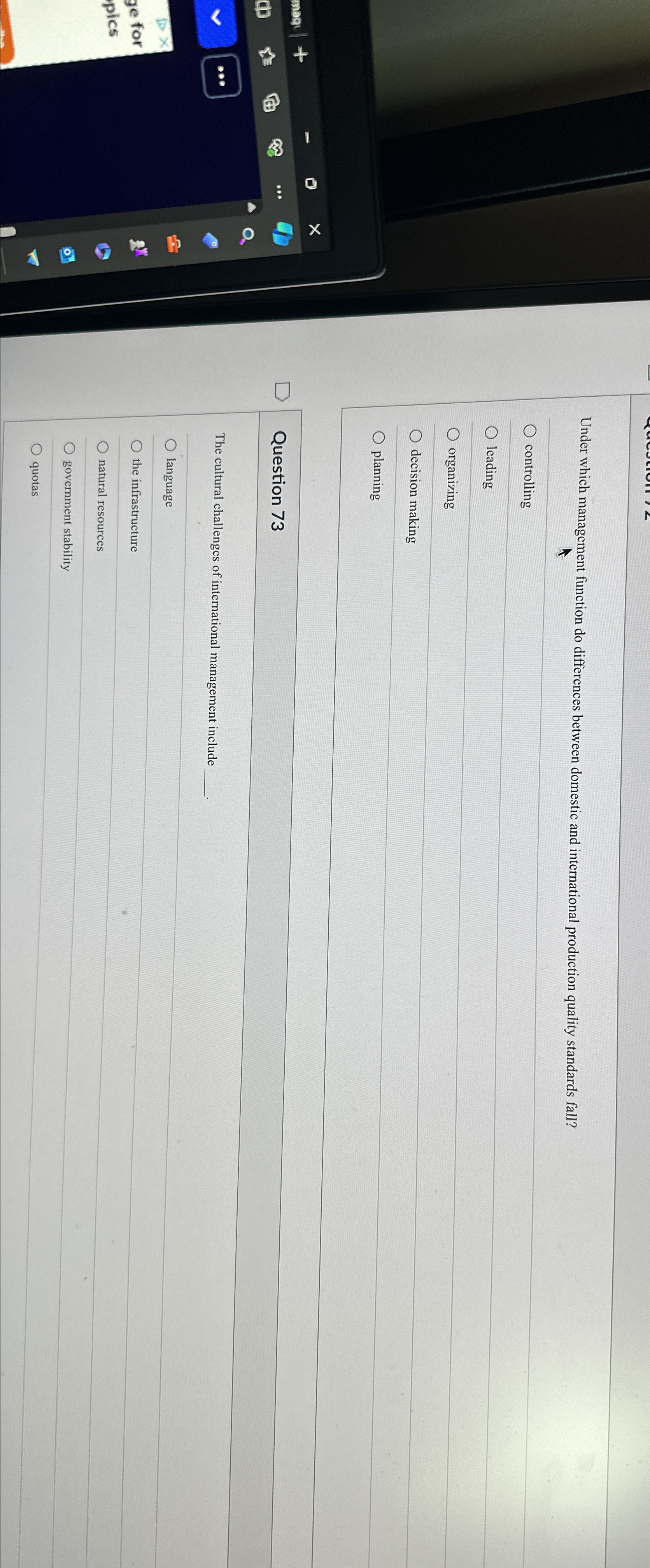  Under which management function do differences between domestic and international production