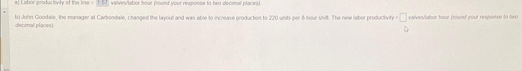  a) Labor productivity of the line =1.67 valves/labor hour (round your