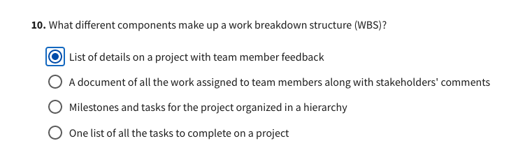  10. What different components make up a work breakdown structure (WBS)?