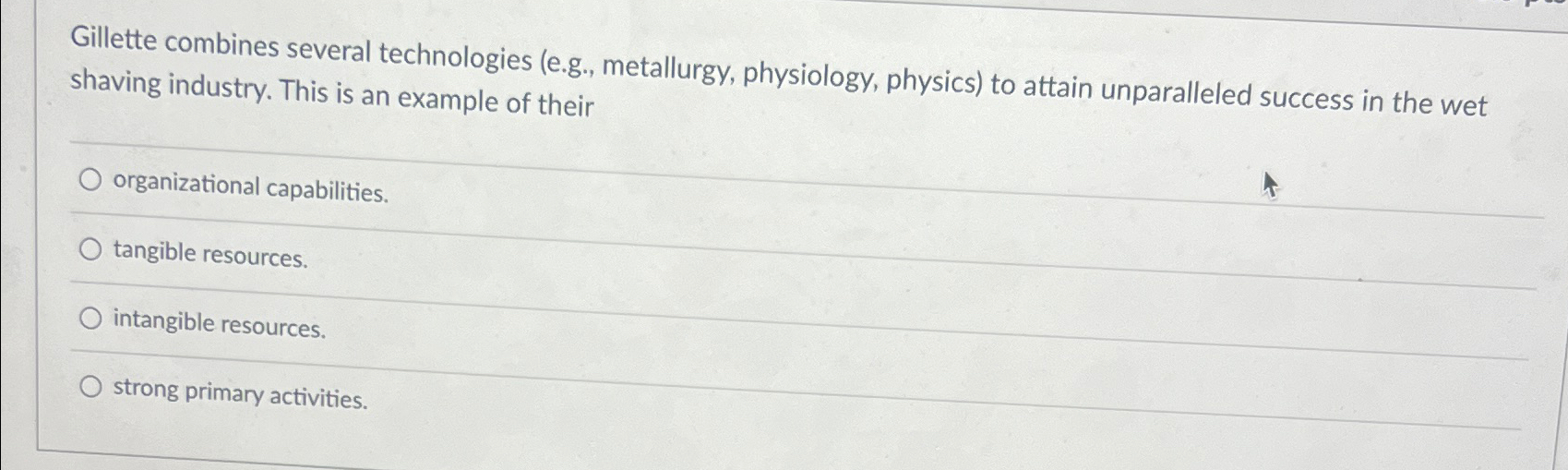  Gillette combines several technologies (e.g., metallurgy, physiology, physics) to attain unparalleled