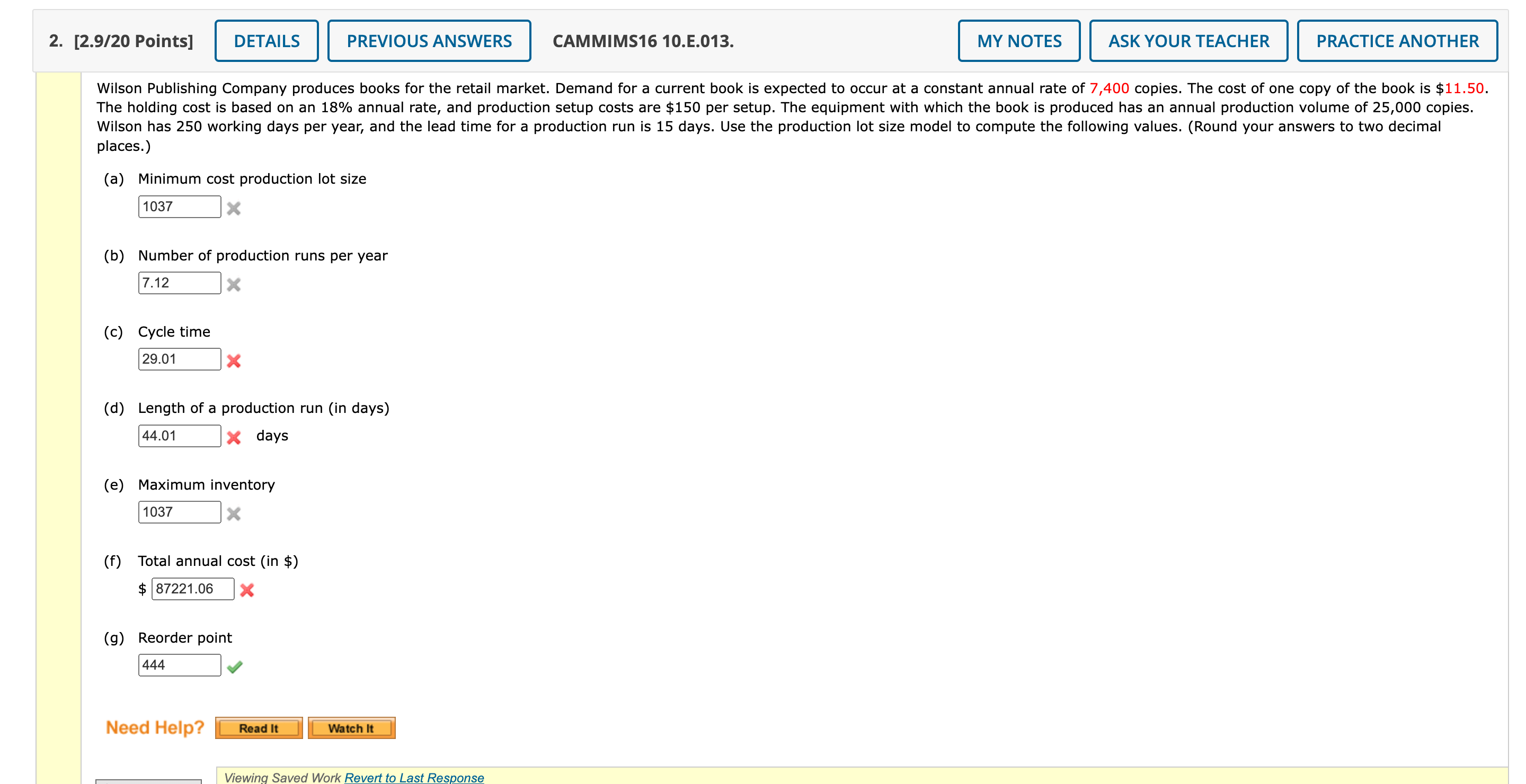  places.) (a) Minimum cost production lot size (b) Number of production