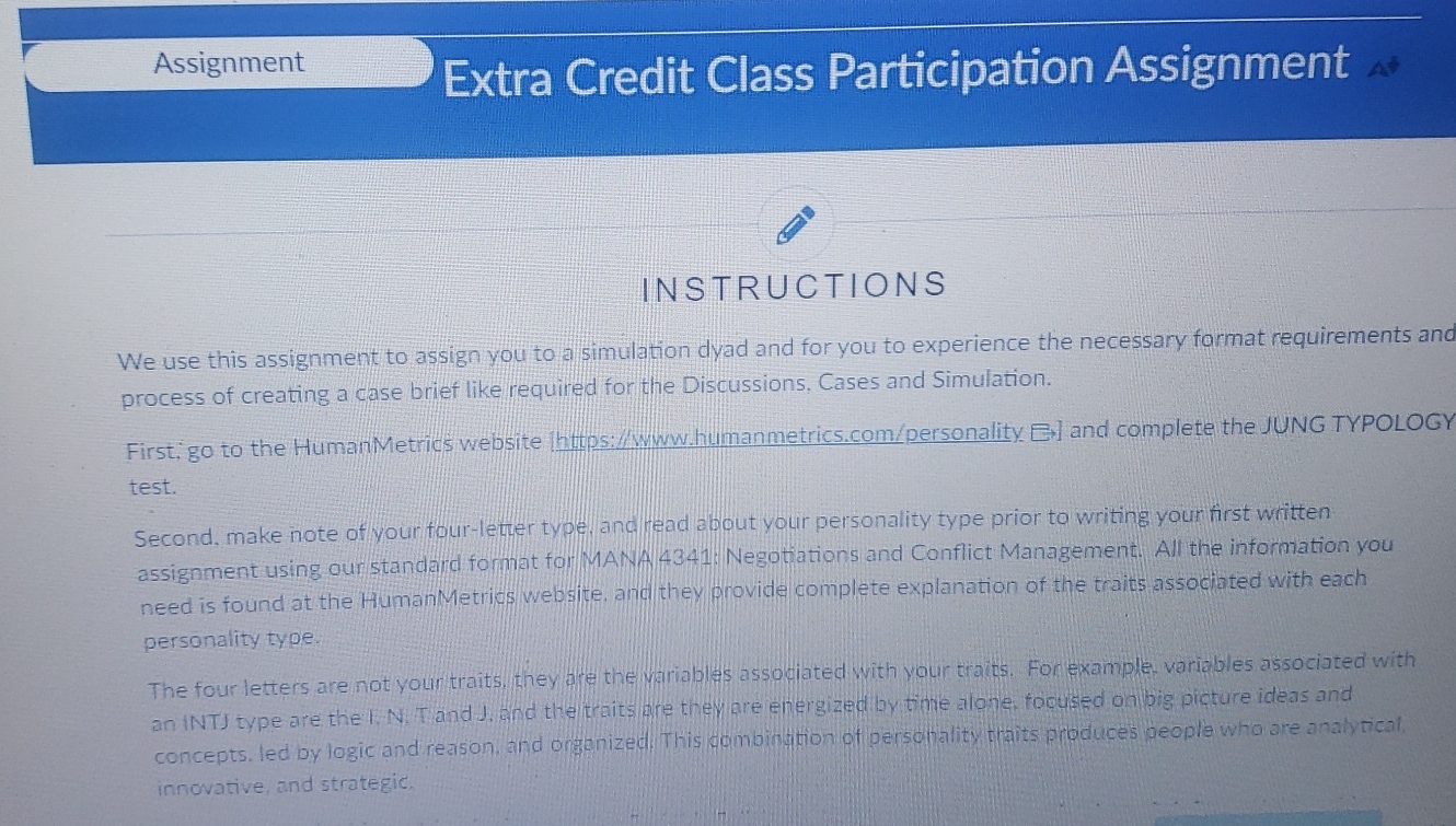 Assignment Extra Credit Class Participation Assignment INSTRUCTIONS We use this assignment
