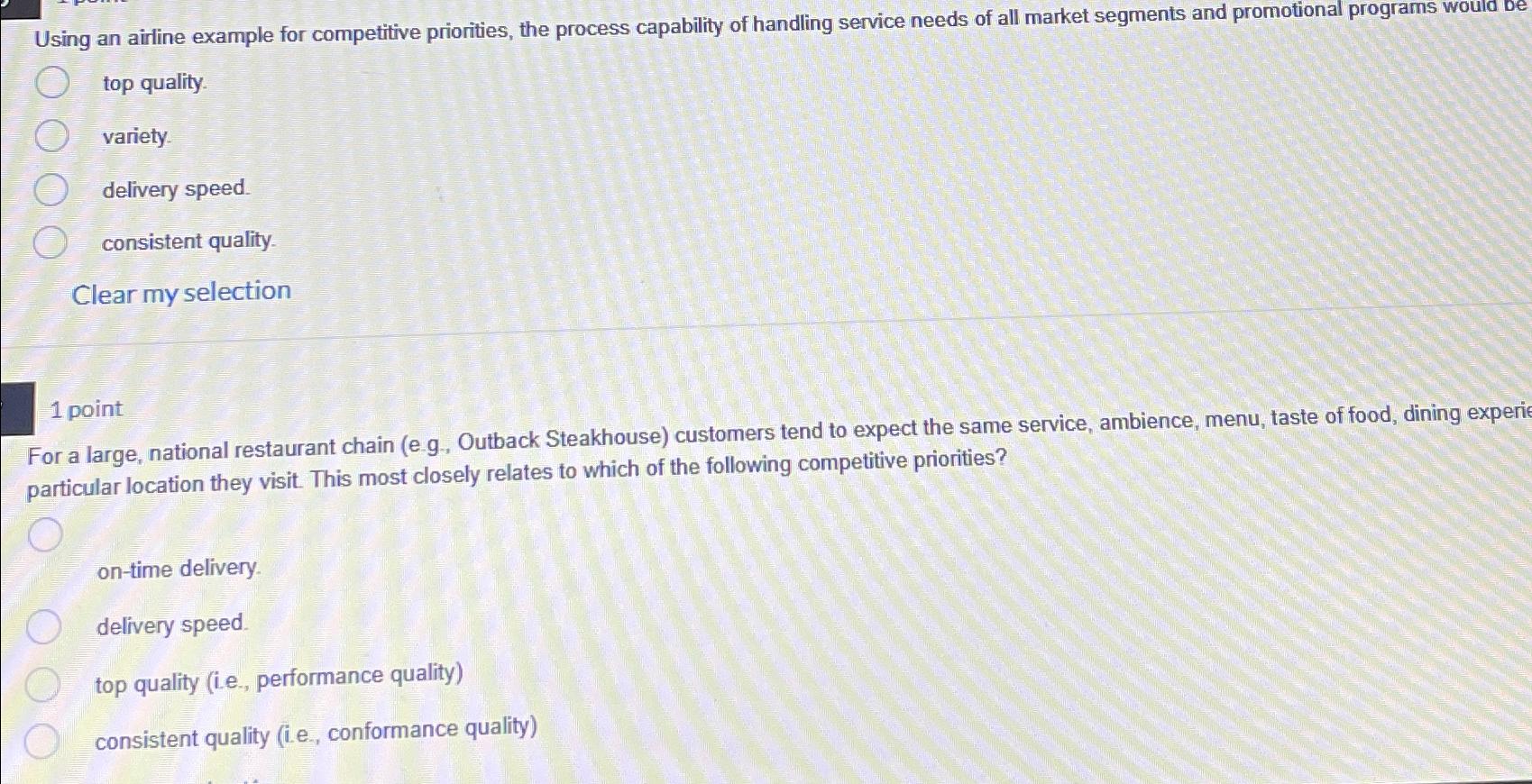  Using an airline example for competitive priorities, the process capability of