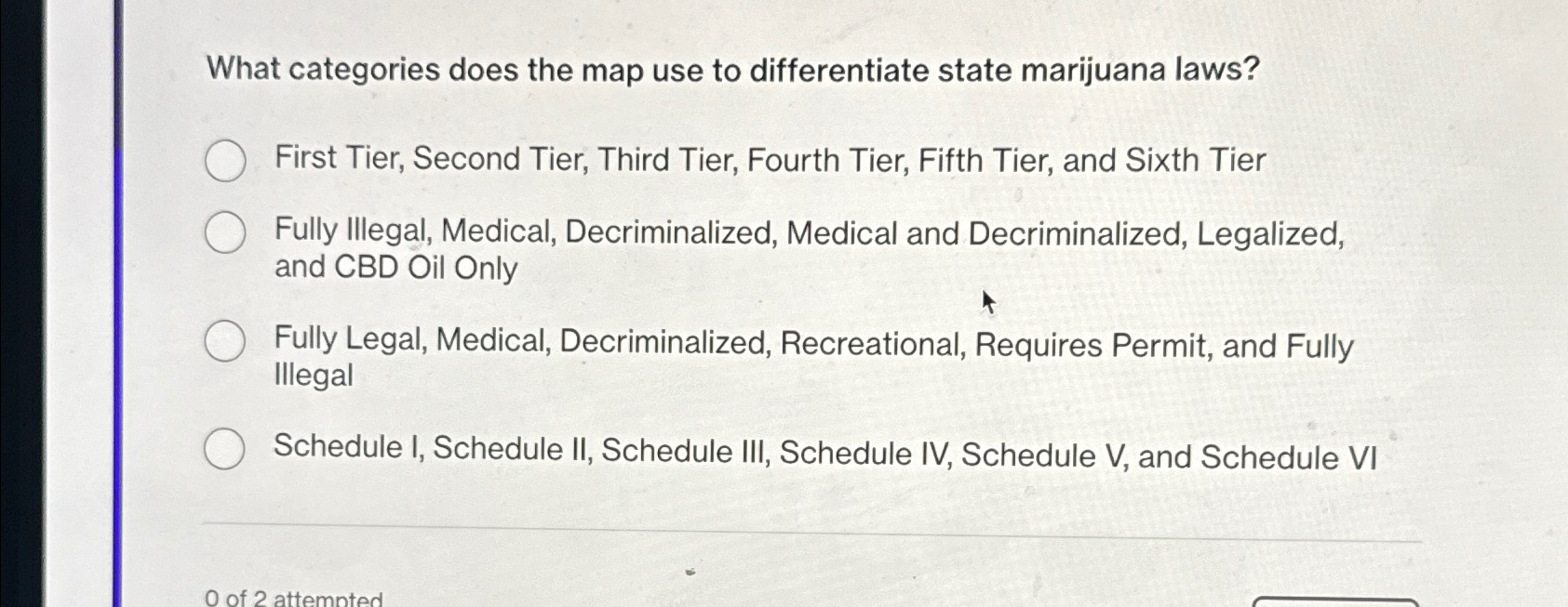  What categories does the map use to differentiate state marijuana laws?