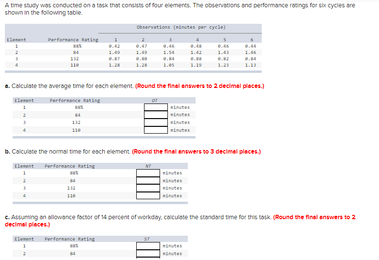  A time study was conducted on a task that consists of