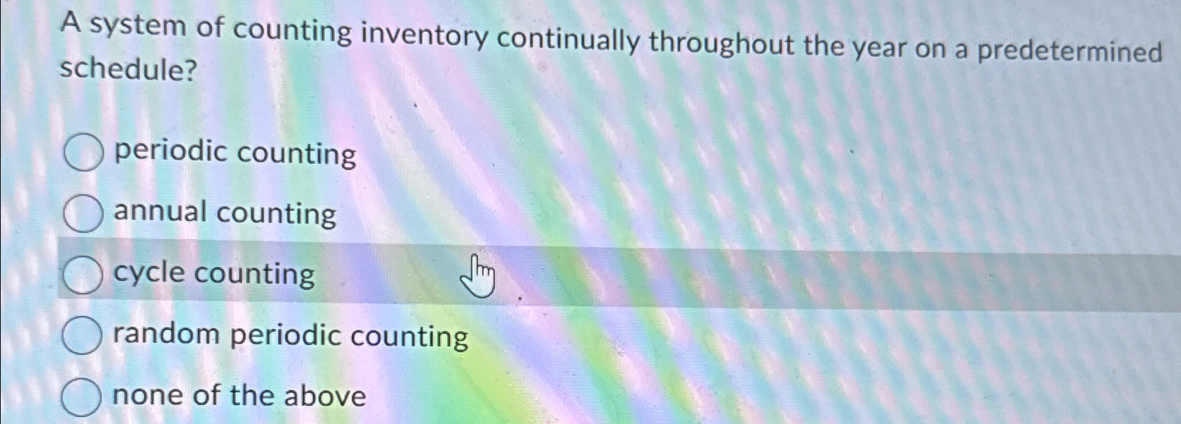  A system of counting inventory continually throughout the year on a