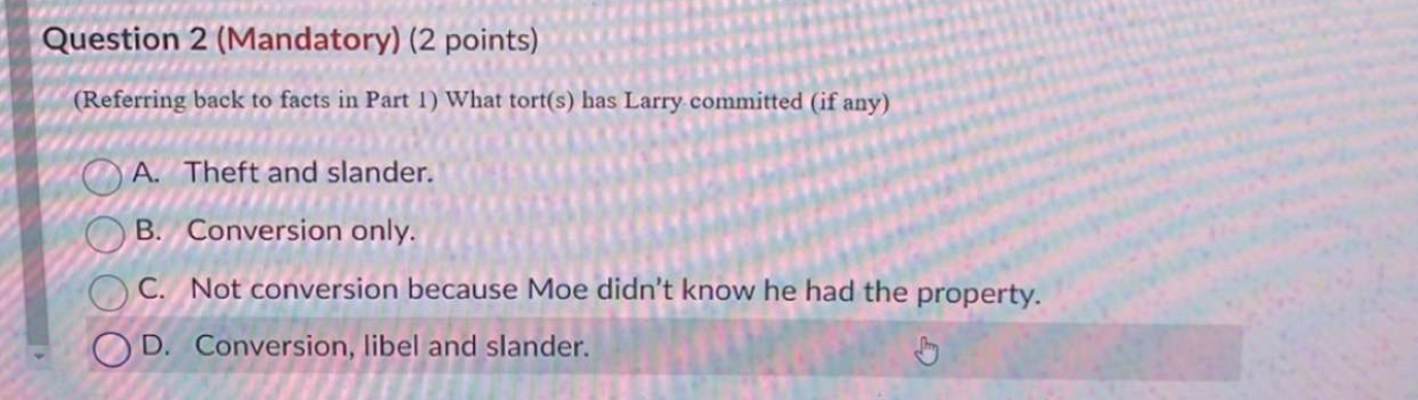  Question 2(Mandatory)(2 points) (Referring back to facts in Part 1) What