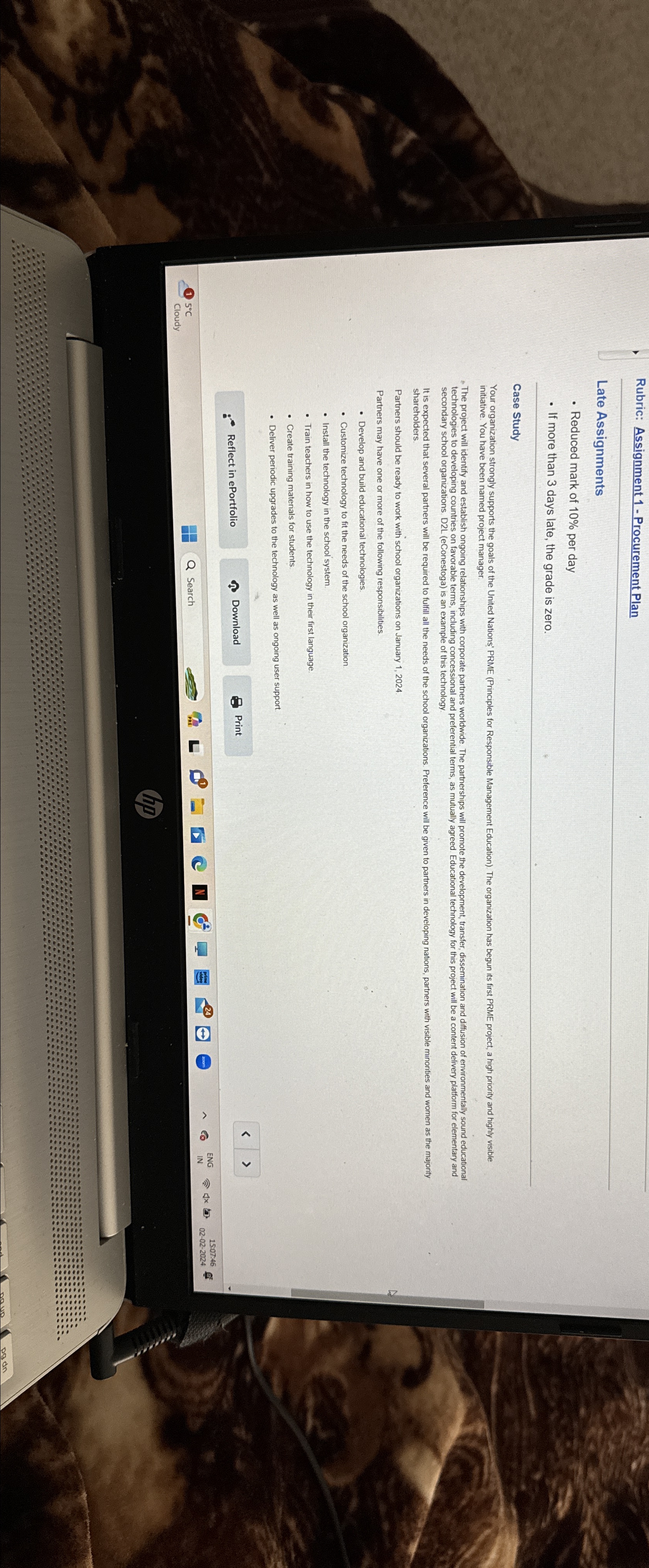  Rubric: Assignment 1- Procurement Plan Late Assignments Reduced mark of 10%