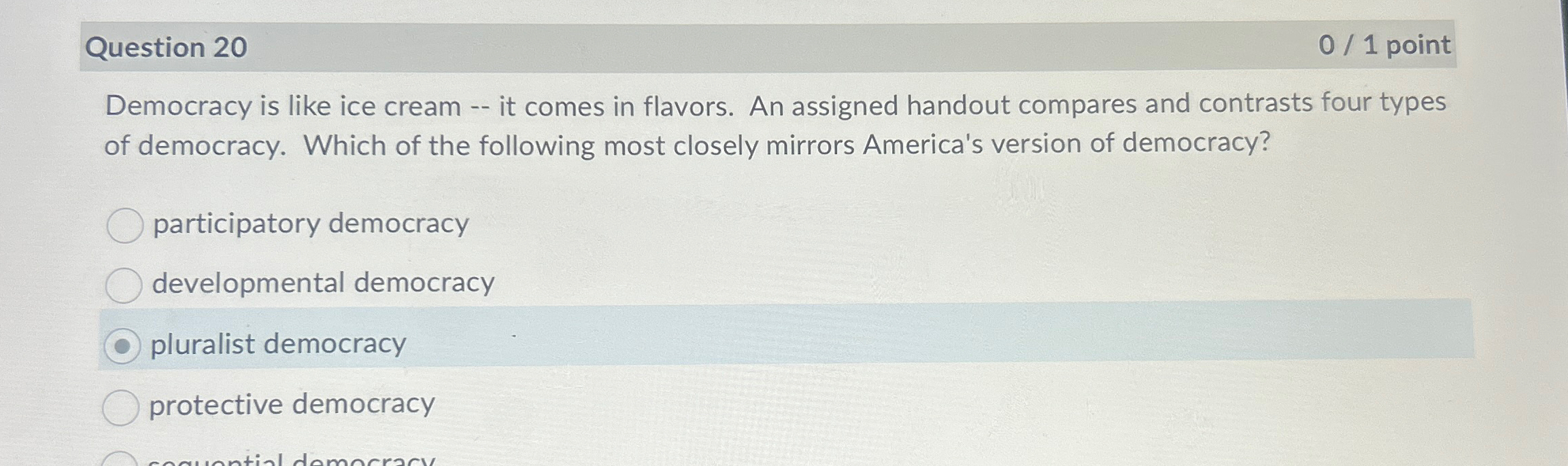  Question 20 0/1 point Democracy is like ice cream -- it