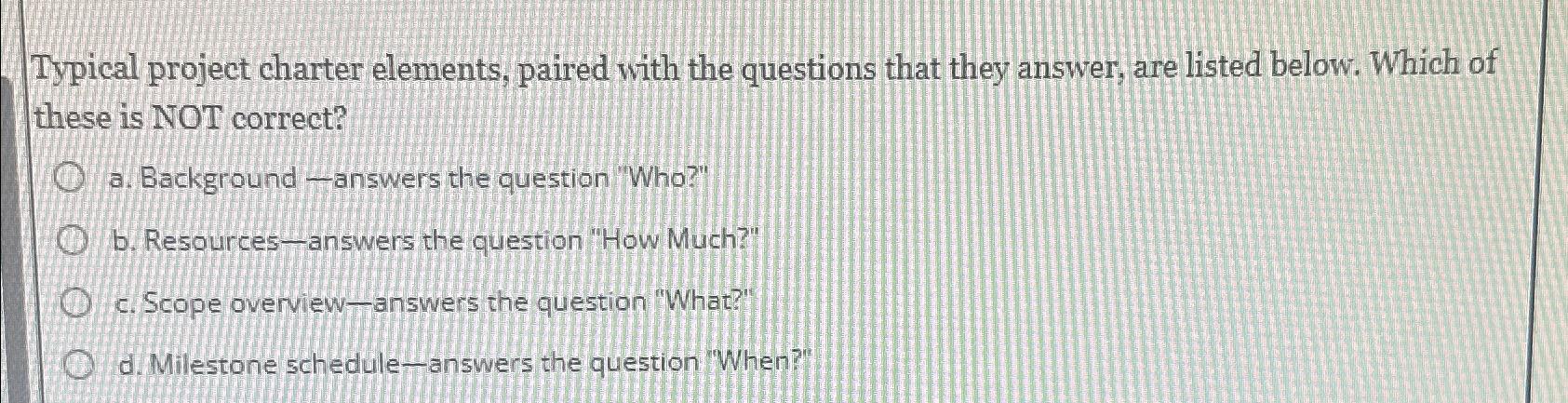  Typical project charter elements, paired with the questions that they answer,