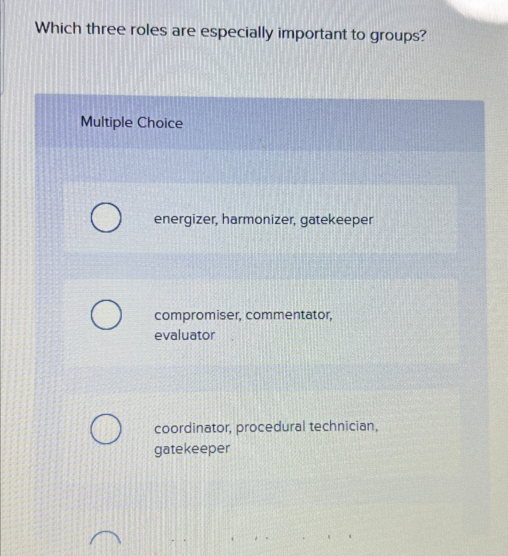  Which three roles are especially important to groups? Multiple Choice energizer,