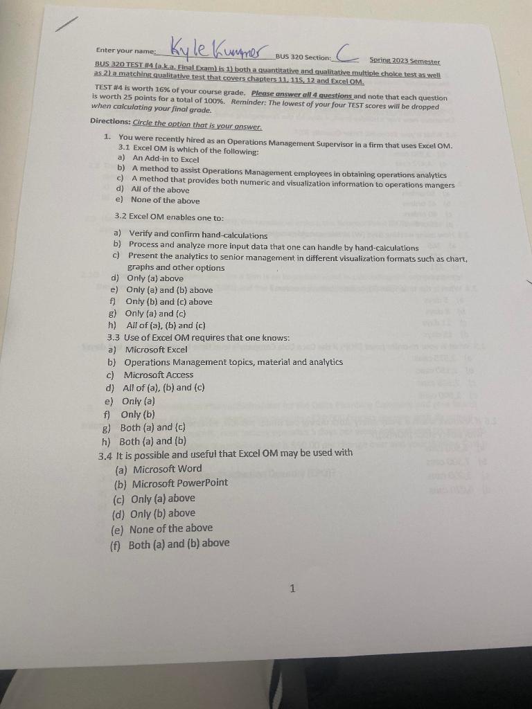  Enter your names Bu5 320 section: Spring 2023 Semestar BUS 320