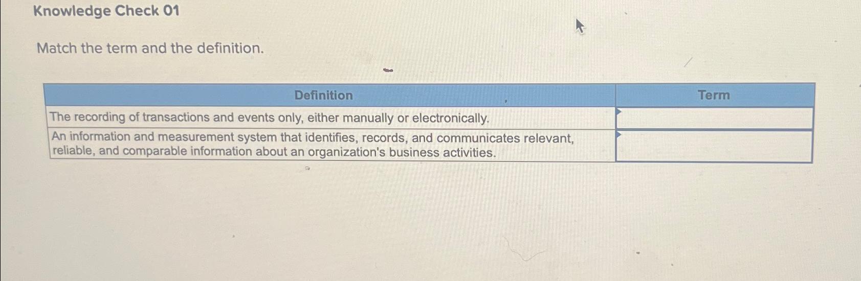  Knowledge Check 01 Match the term and the definition. \table[[Definition,Term],[The recording