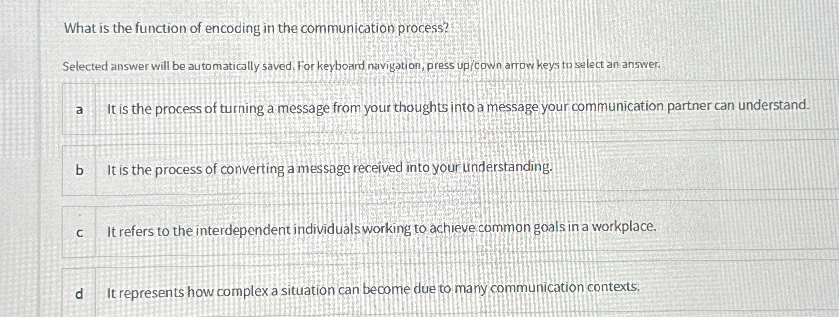  What is the function of encoding in the communication process? Selected