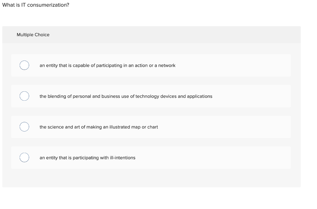  What is IT consumerization? Multiple Choice an entity that is capable