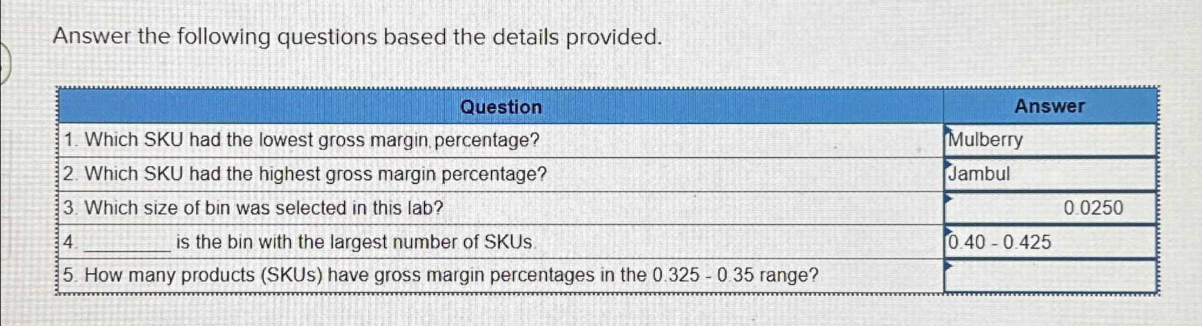  Answer the following questions based the details provided. \table[[Question,Answer],[1. Which SKU