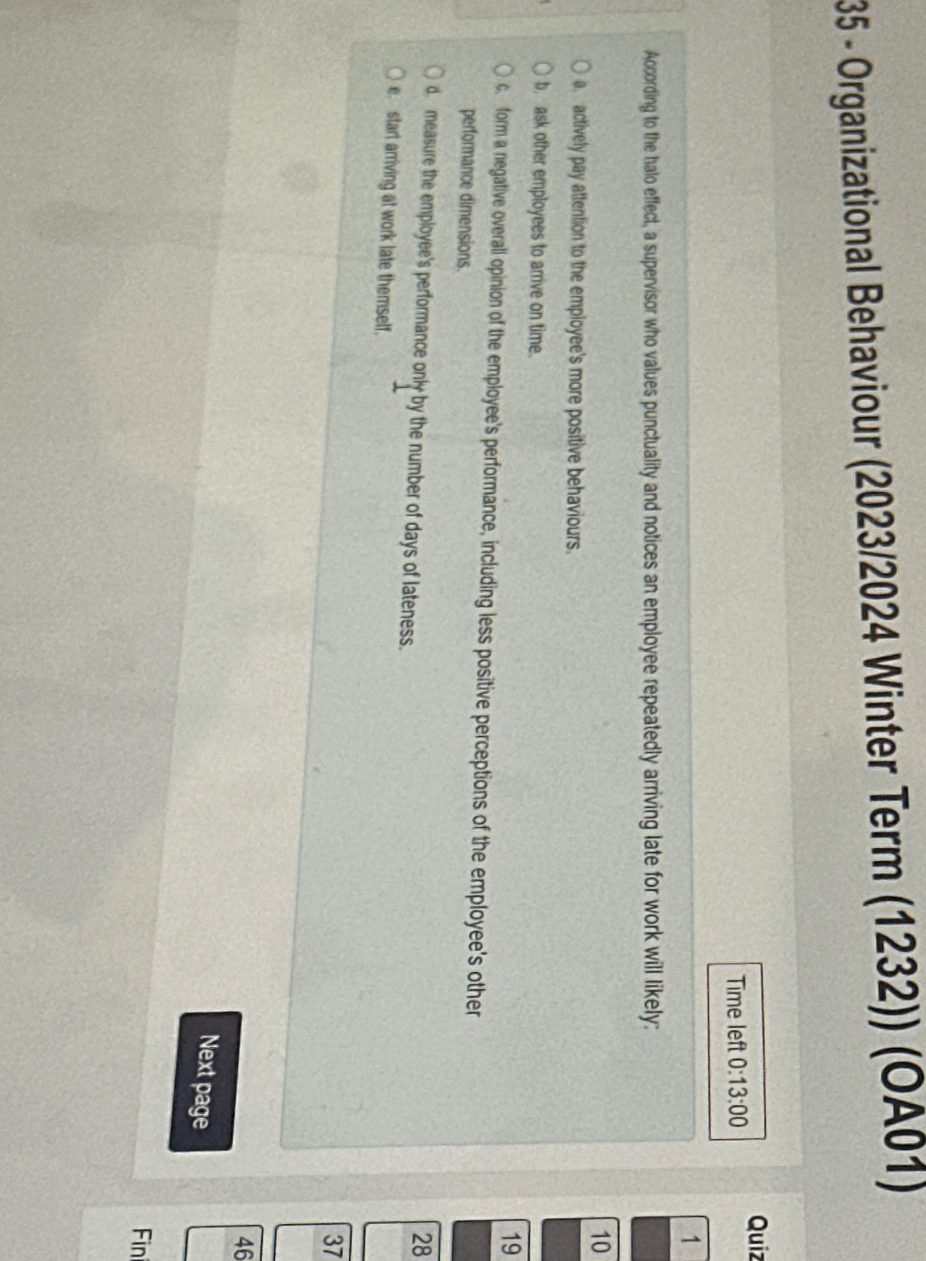  35- Organizational Behaviour (2023/2024 Winter Term (1232))(OA01) Time left 0:13:00 According