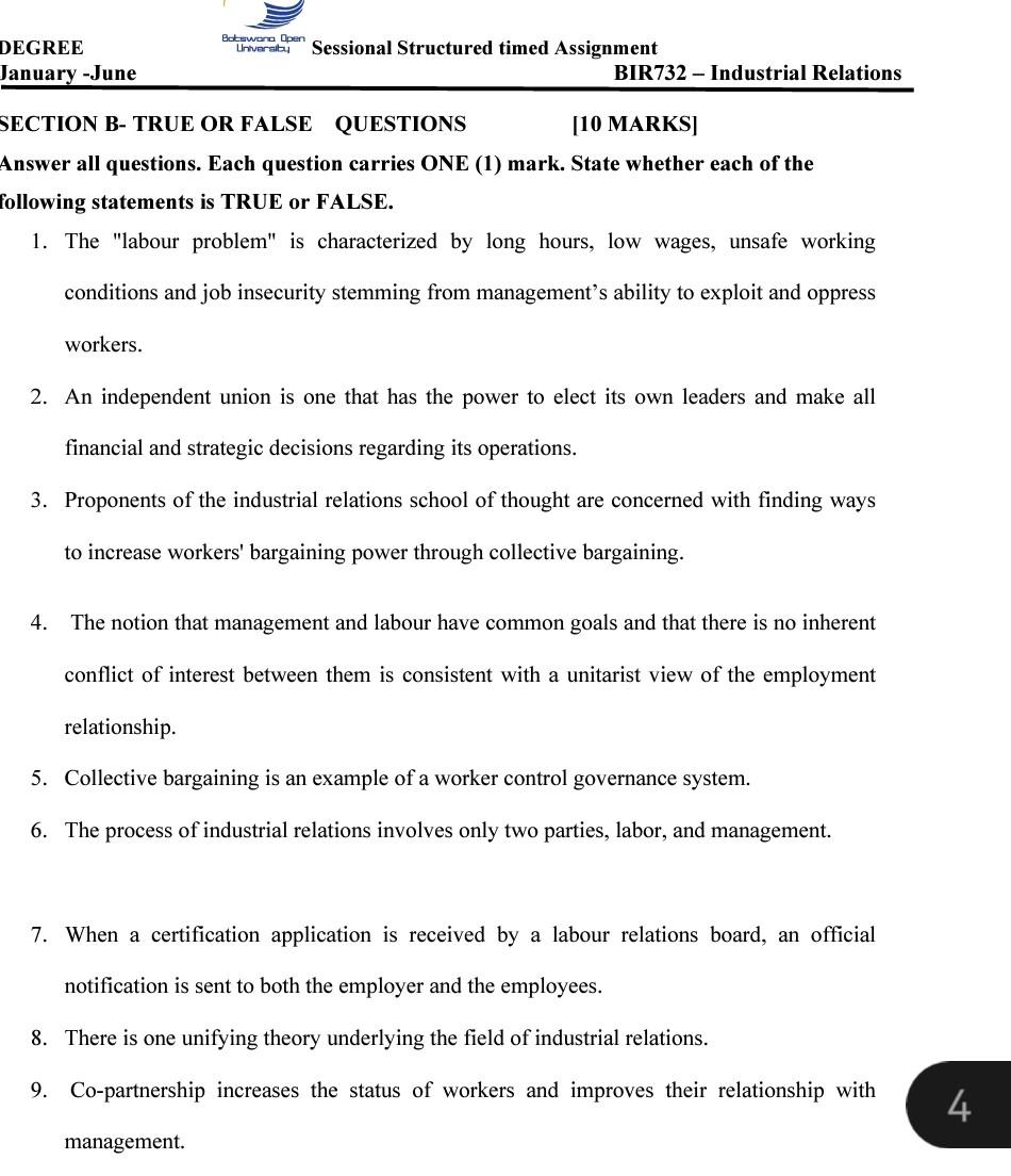  SECTION B- TRUE OR FALSE QUESTIONS [10 MARKS] Answer all questions.